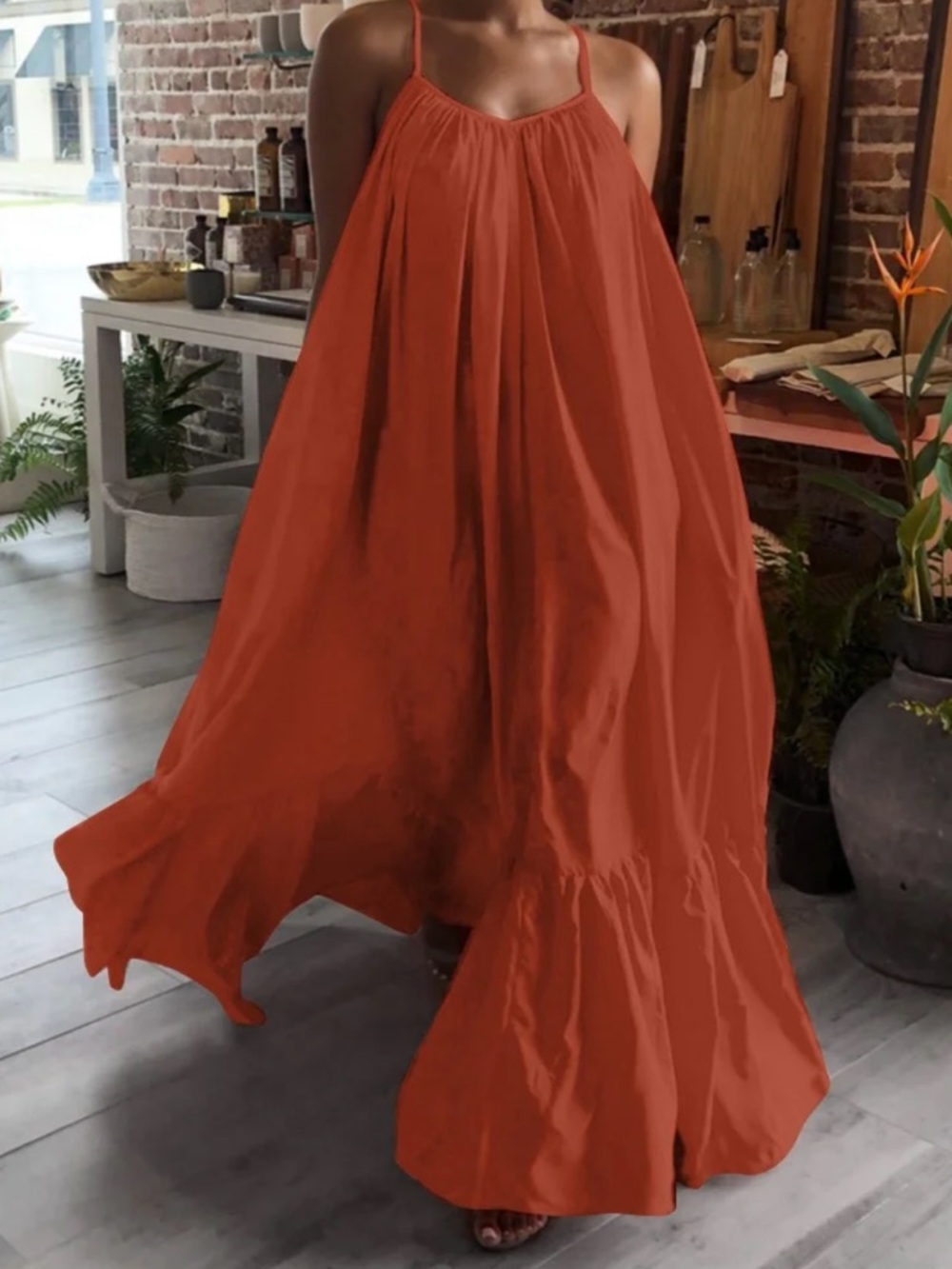 Flowing Spaghetti-Strap Maxi Dress in Rust Orange
